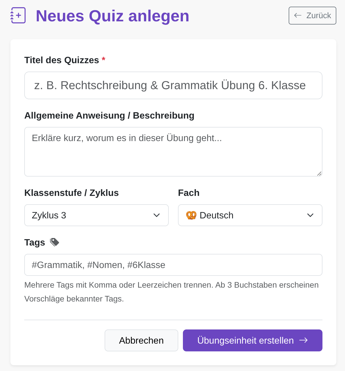 Beim Erstellen einer neuen Übungseinheit müssen zuerst die Stammdaten erfasst werden.